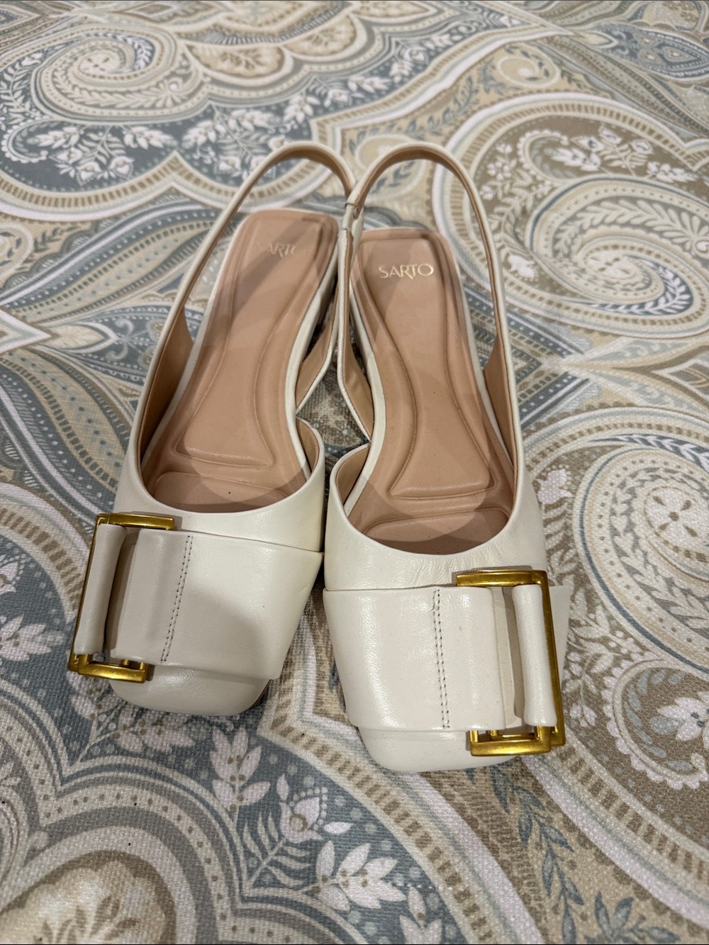 Franco Sarto Cream Slingback Flats with Gold Buckle
